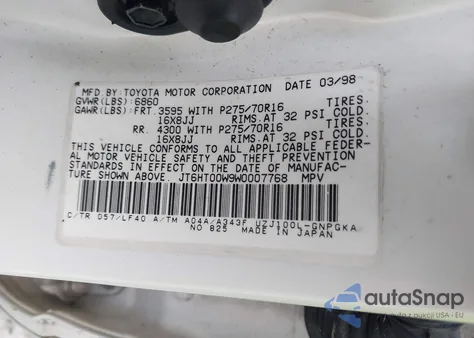 1998 Lexus Lx 470 z USA, uszkodzony, nr VIN JT6HT00W9W0007768